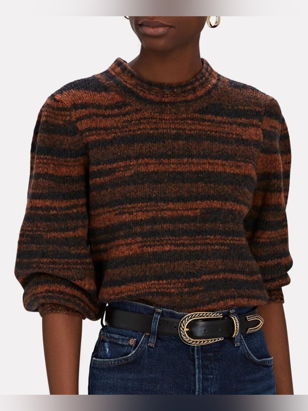 Veronica Beard Lumina Merino Wool Sweater XS Rust Brown Stripe Puff Sleeve $395